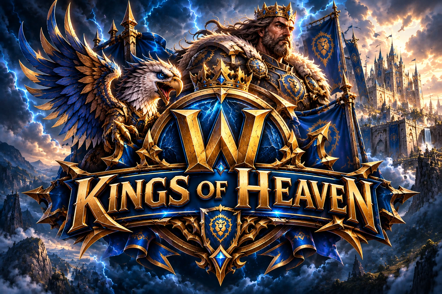 Kings of Heaven: goldenes W-Wappen mit Greif, König und Allianz-Bannern vor einer Burg